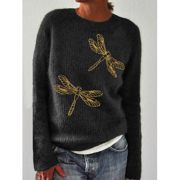 Dragonflies Golden Glitter Embroidery Cozy Sweater