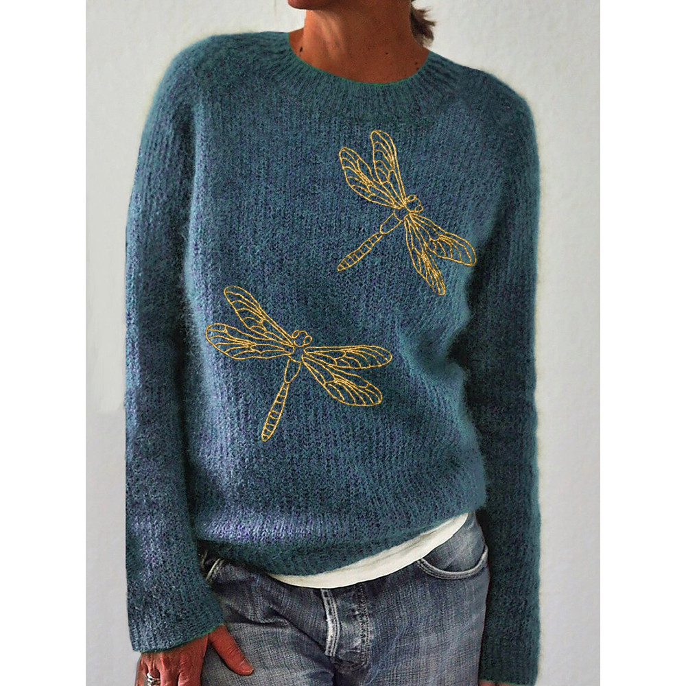 Dragonflies Golden Glitter Embroidery Cozy Sweater