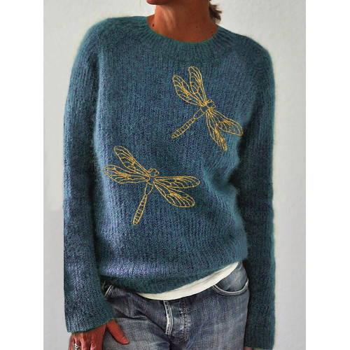 Dragonflies Golden Glitter Embroidery Cozy Sweater