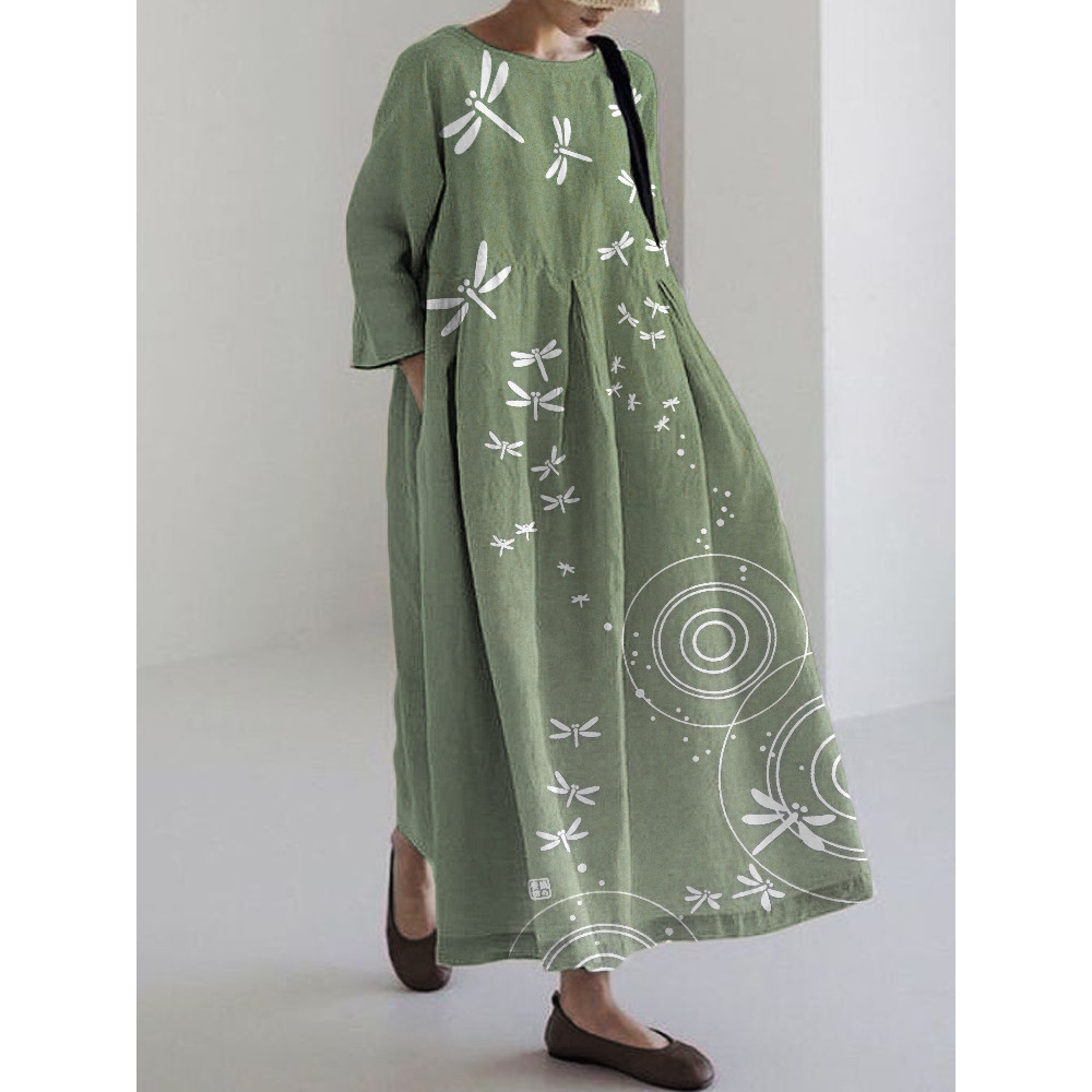 Dragonflies & Ripples Japanese Art Linen Blend Maxi Dress