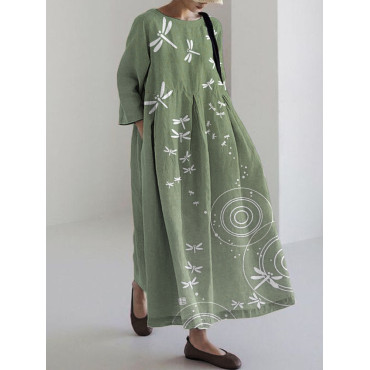 Dragonflies & Ripples Japanese Art Linen Blend Maxi Dress