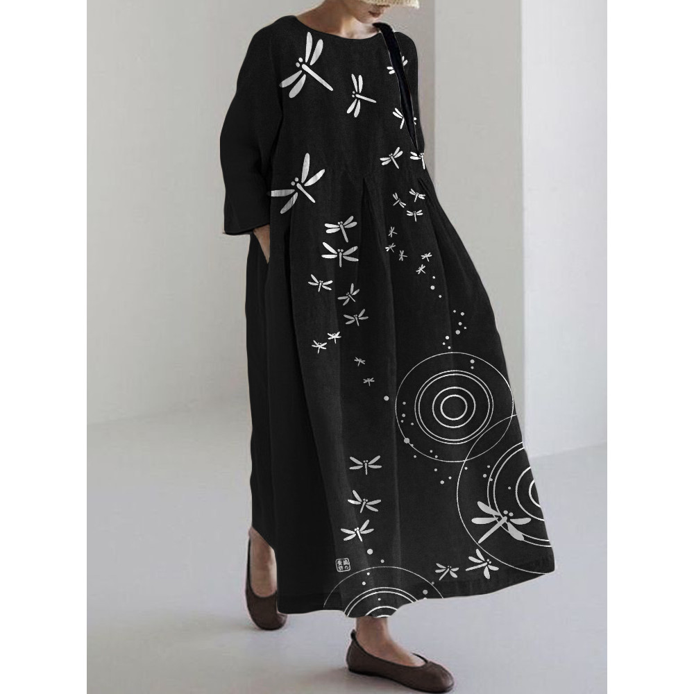 Dragonflies & Ripples Japanese Art Linen Blend Maxi Dress