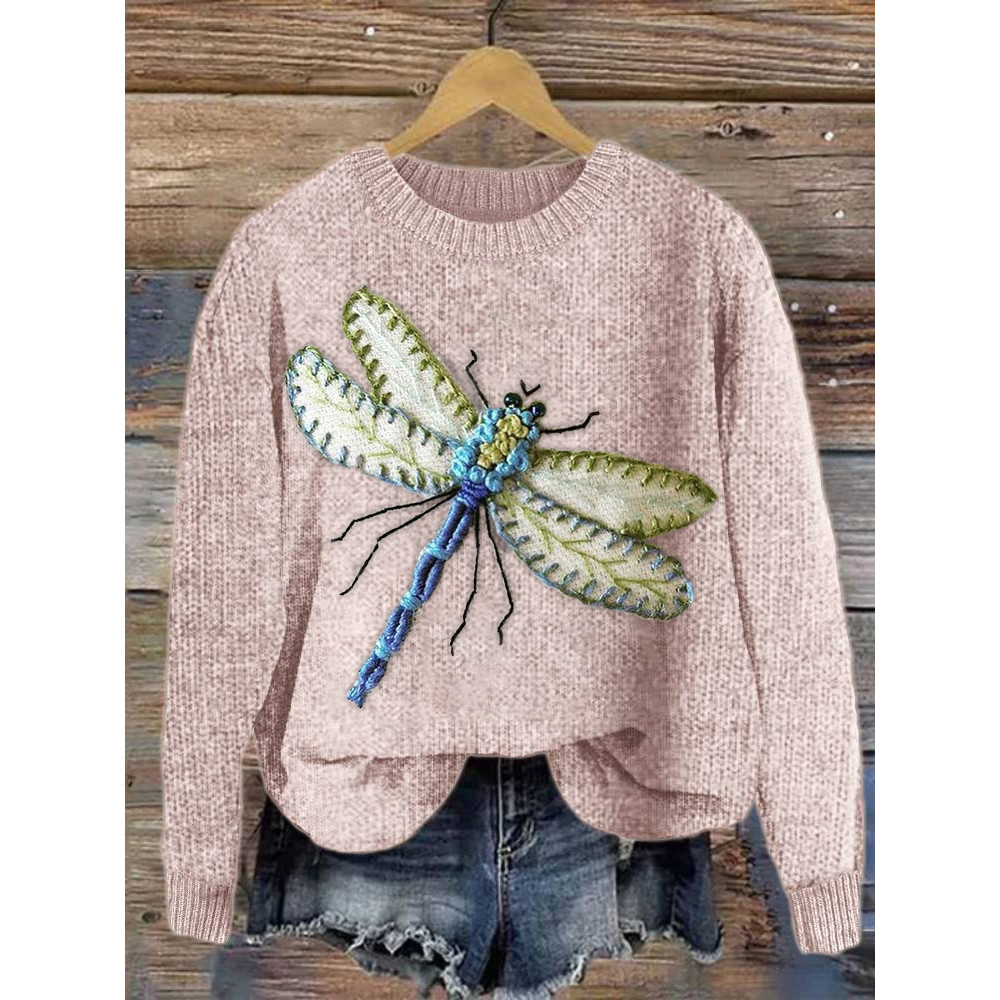 Dragonfly Embroidery Art Casual Cozy Knit Sweater