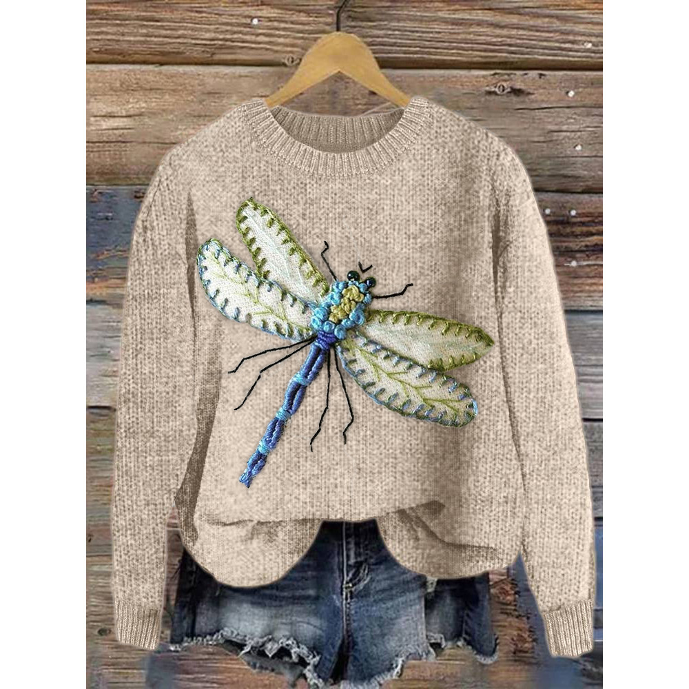 Dragonfly Embroidery Art Casual Cozy Knit Sweater