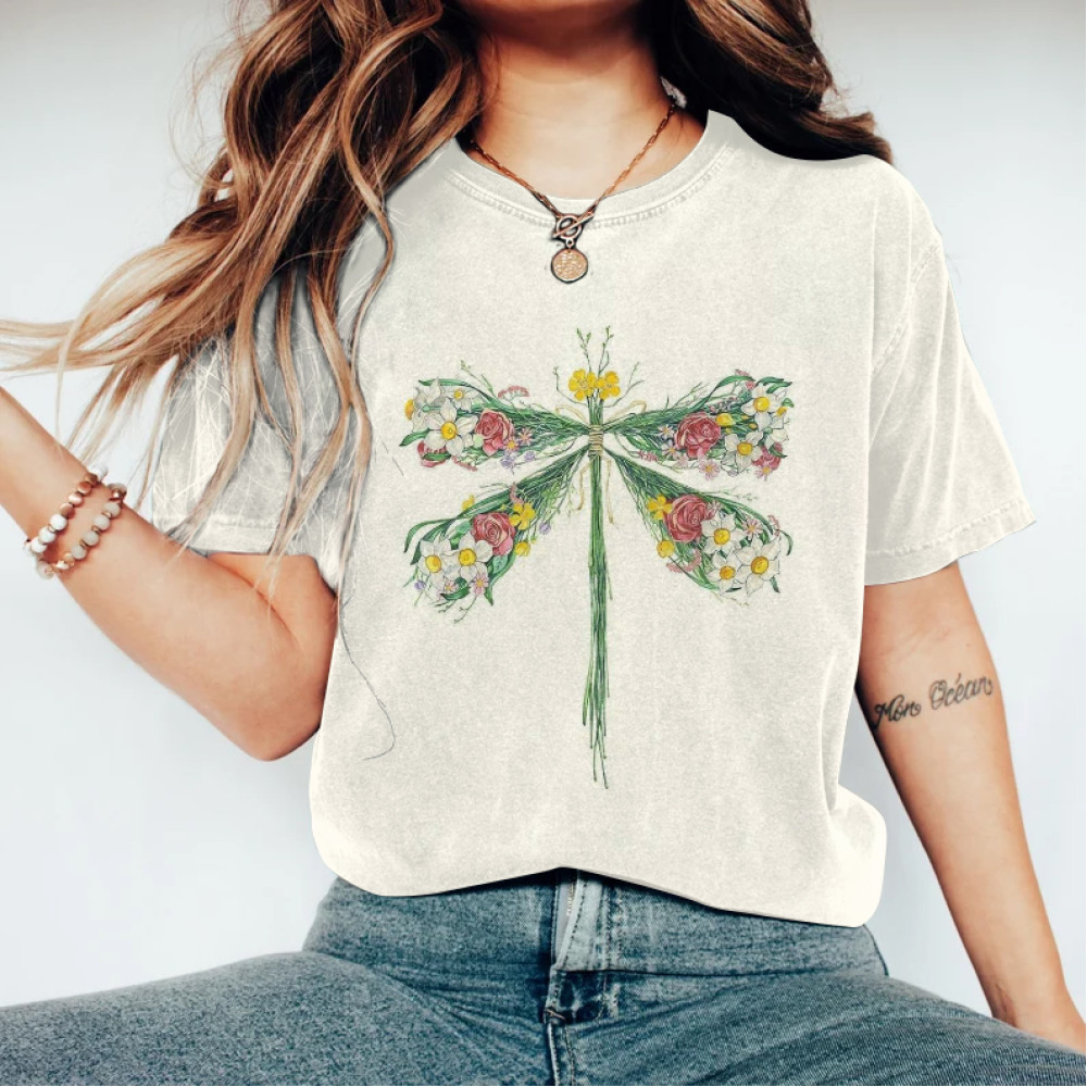 Dragonfly Like A Flower Bouquet Cotton Blend T-Shirt