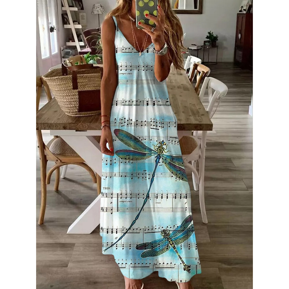 Dragonfly On Musical Animal Sheet Music V Neck Cami Maxi Dress