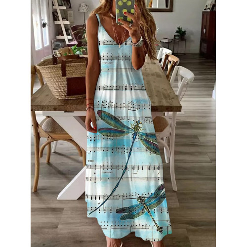 Dragonfly On Musical Animal Sheet Music V Neck Cami Maxi Dress