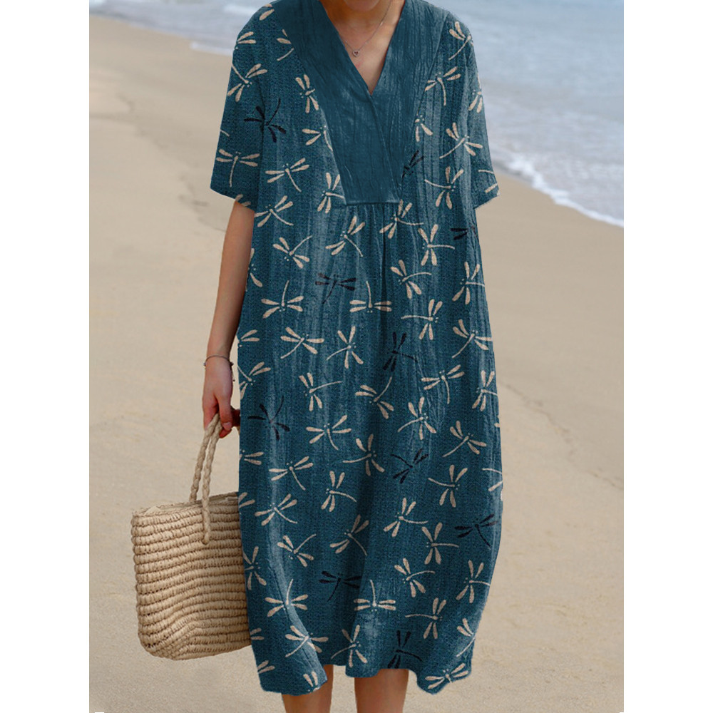 Dragonfly Print Linen Blend Vintage Dress