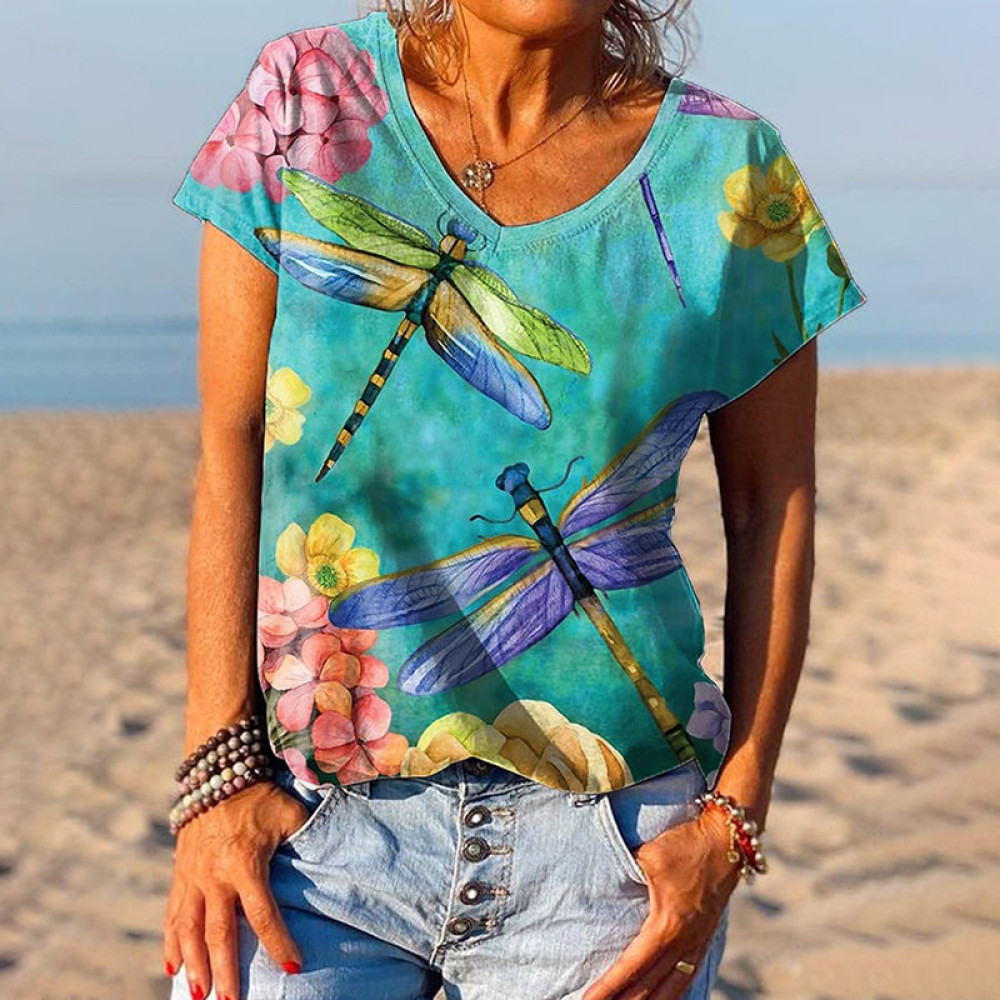 Dragonfly Print V-Neck Short Sleeved T-Shirt