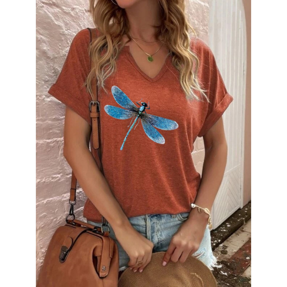 Dragonfly Printed V-Neck Casual Tee
