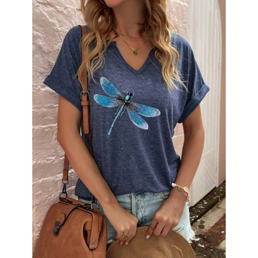Dragonfly Printed V-Neck Casual Tee