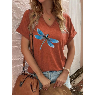 Dragonfly Printed V-Neck Casual Tee