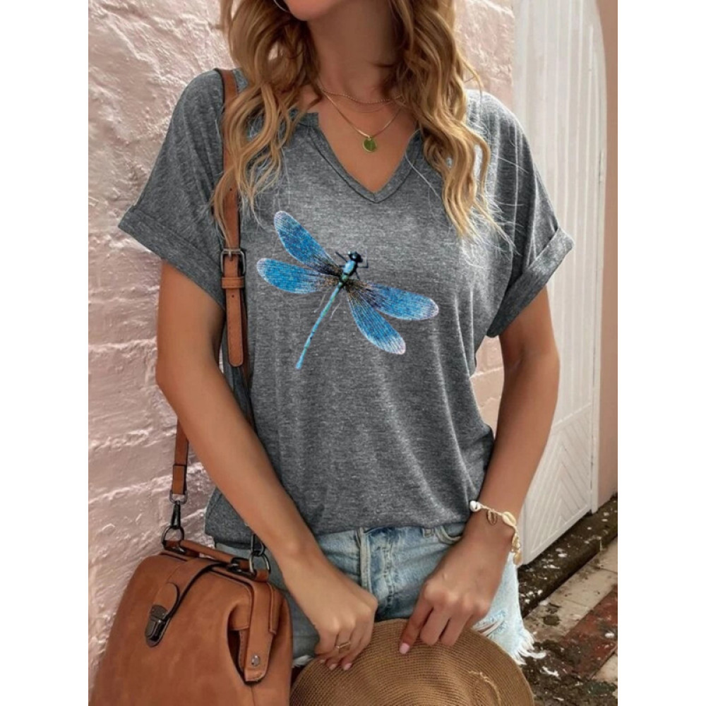 Dragonfly Printed V-Neck Casual Tee