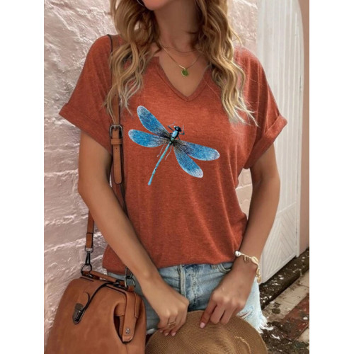 Dragonfly Printed V-Neck Casual Tee