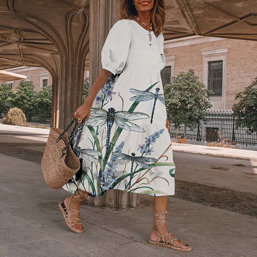 Dragonfly Printing Color Block Midi Dress