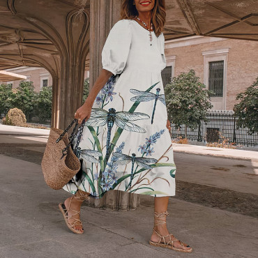 Dragonfly Printing Color Block Midi Dress