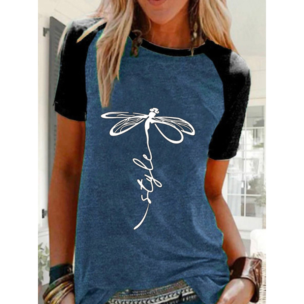 Dragonfly Style Printed Contrast Color Tee