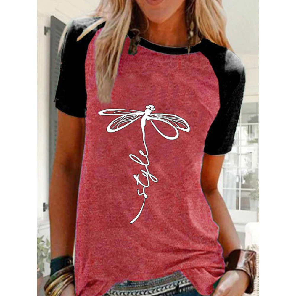 Dragonfly Style Printed Contrast Color Tee