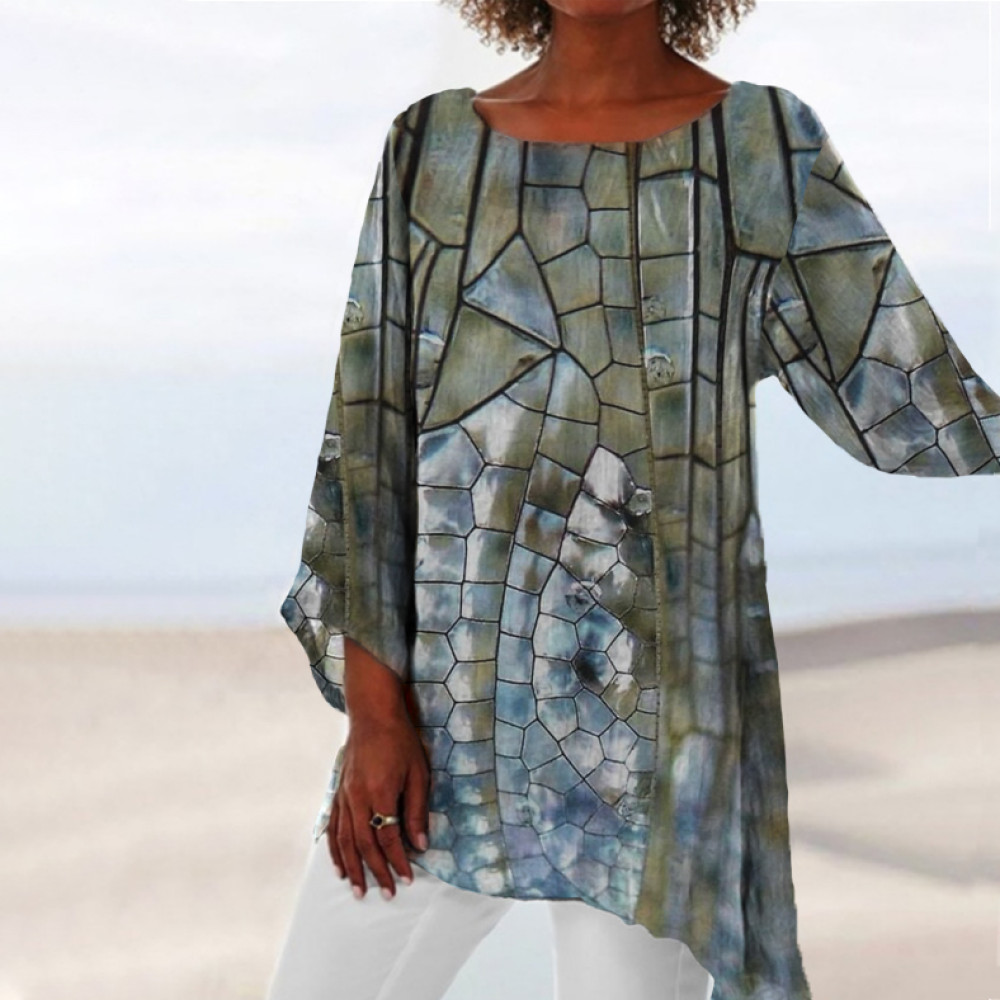 Dragonfly Wings Print Round Neck Irregular Tunic