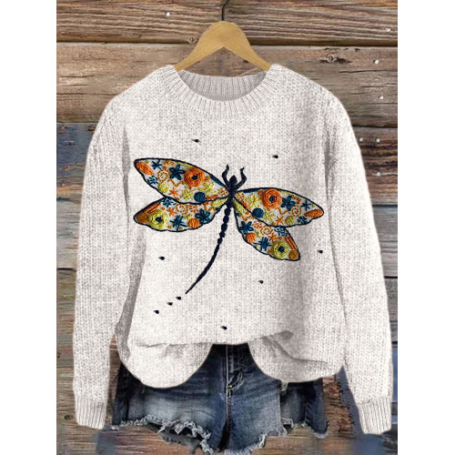 Dragonfly & Flower Embroidery Art Cozy Knit Sweater