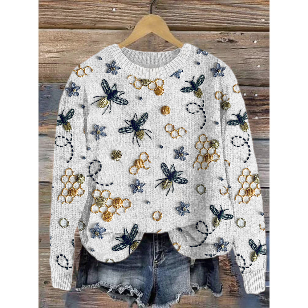 Embroidery Insect Pattern Casual Cozy Knit Sweater