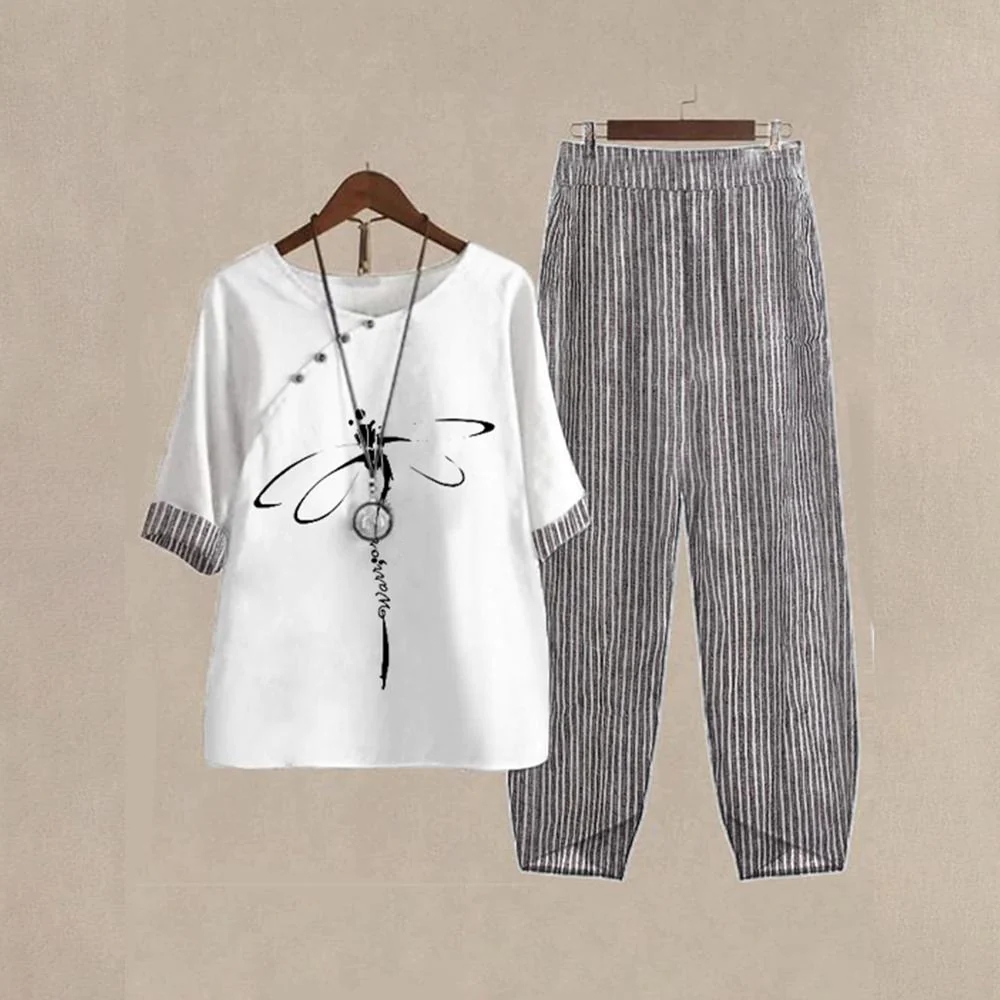 Faith Bee Stripe Print 3/4 Sleeve Two Piece Set