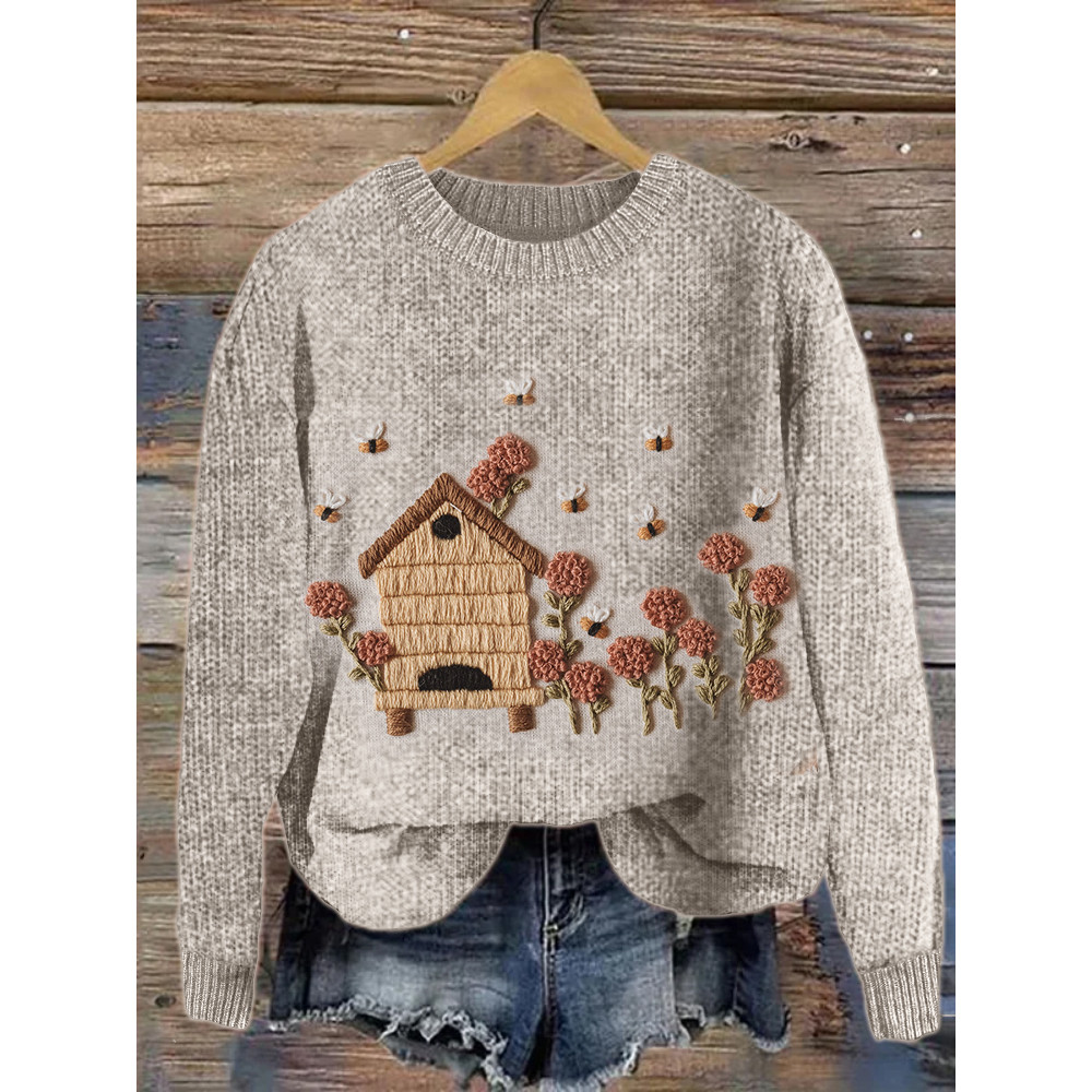 Farm Bee House Floral Field Embroidery Cozy Knit Sweater