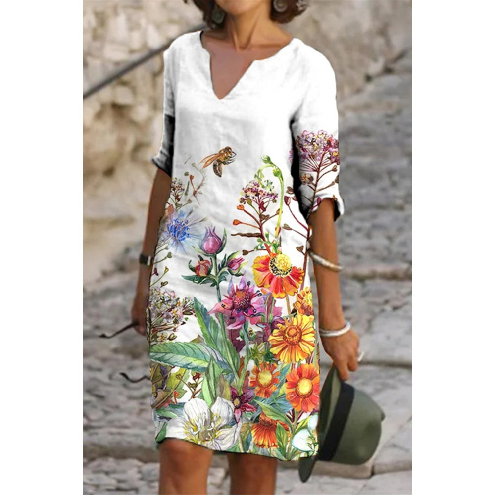 Floral Bee Print Casual Midi Dress