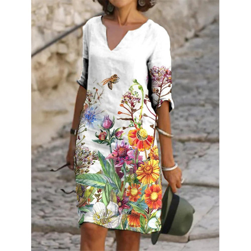 Floral Bee Print Casual Midi Dress