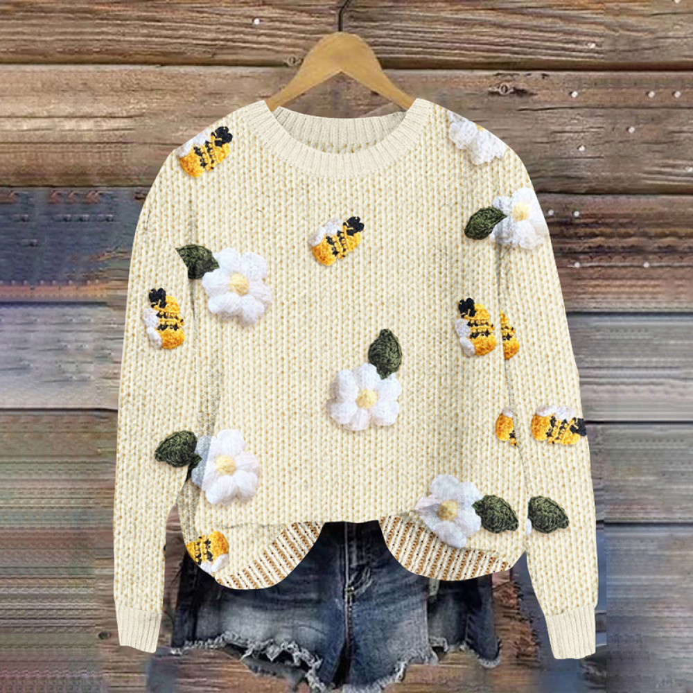 Flower And Bee Print Knitted Pullover Sweater