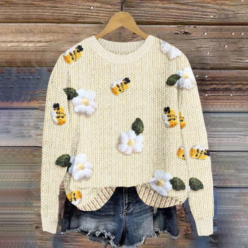 Flower And Bee Print Knitted Pullover Sweater