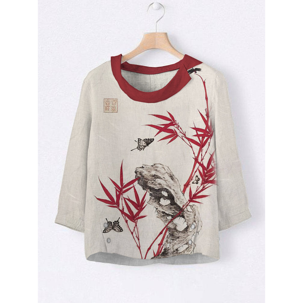 Flower And Butterfly Print Lapel Casual Blouse