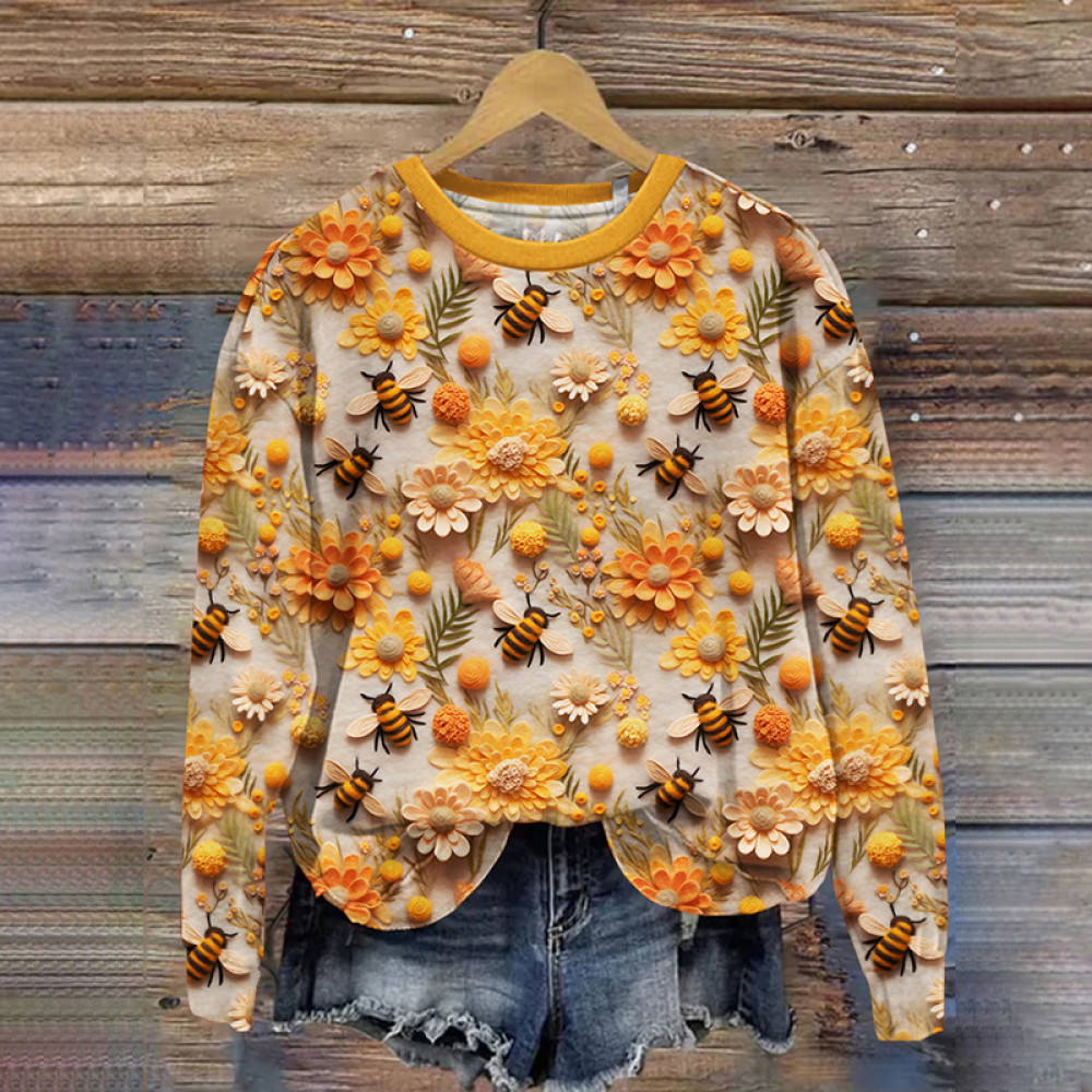 Flower Bee Embroidery Art Print Casual Sweatshirt