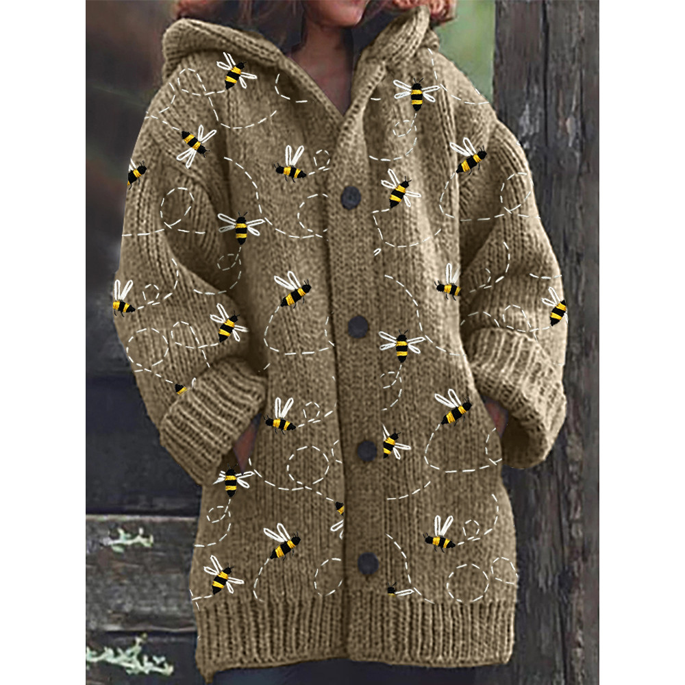 Flying Bees Embroidery Pattern Cozy Knit Hooded Cardigan