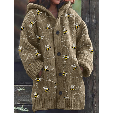 Flying Bees Embroidery Pattern Cozy Knit Hooded Cardigan