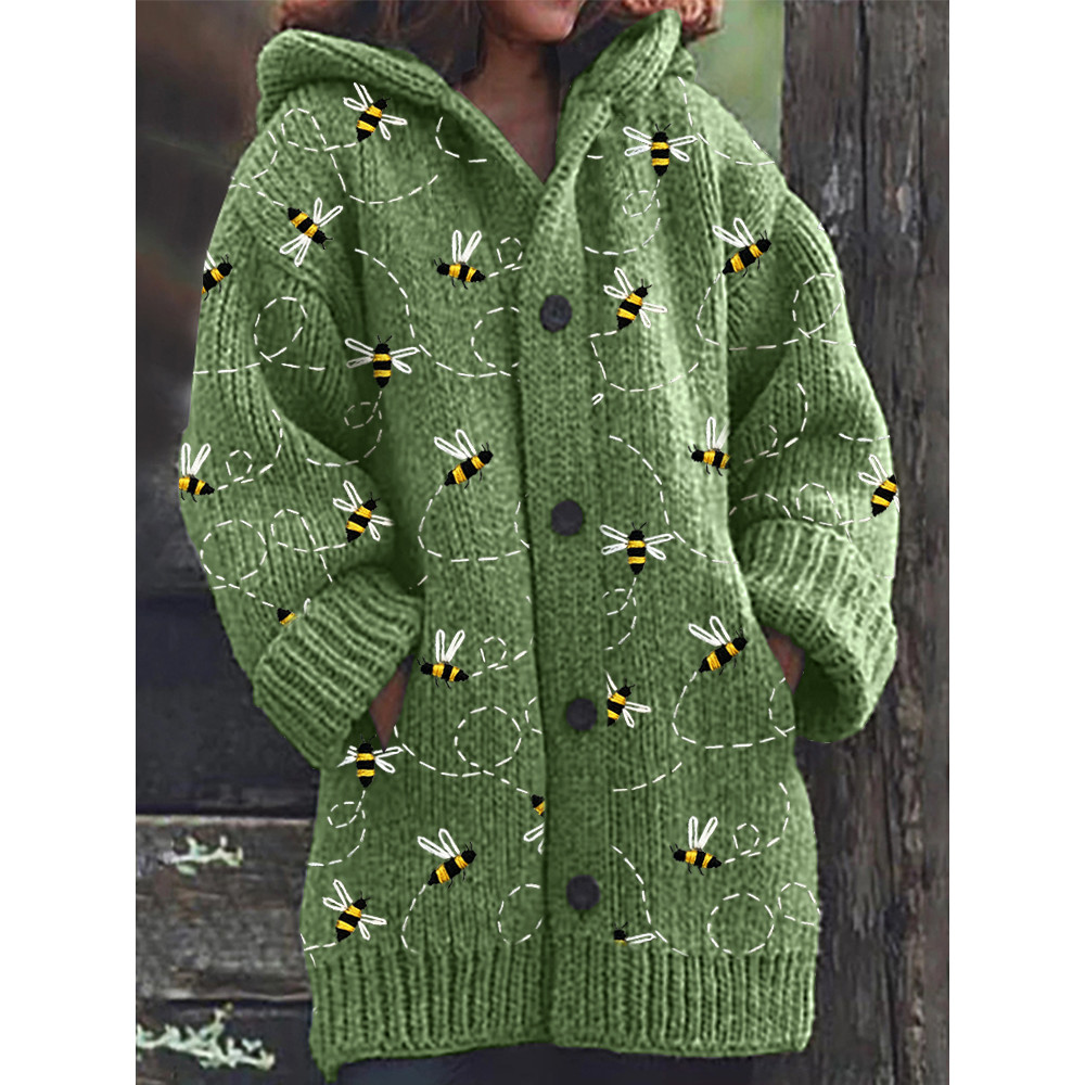 Flying Bees Embroidery Pattern Cozy Knit Hooded Cardigan
