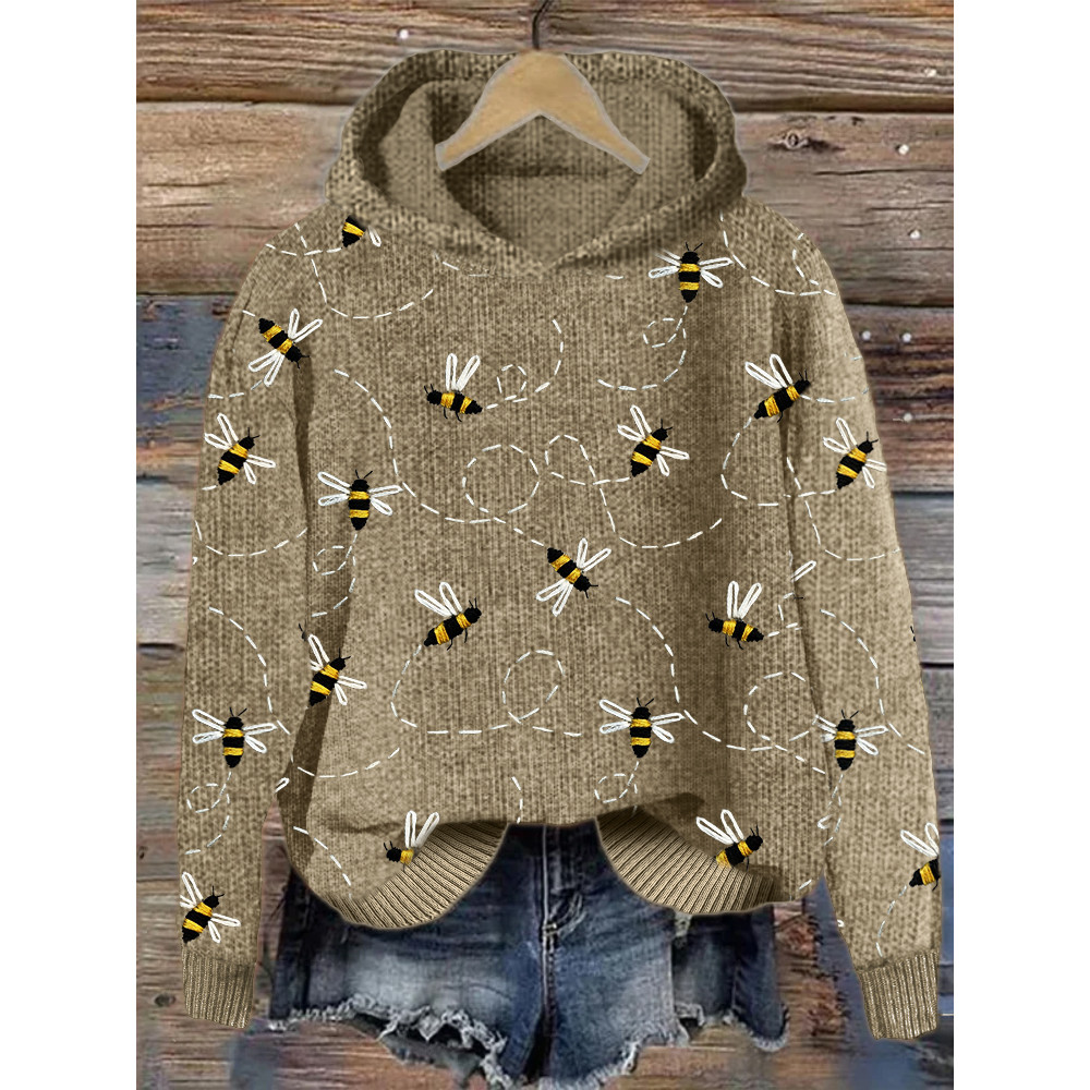 Flying Bees Embroidery Pattern Cozy Knit Hoodie