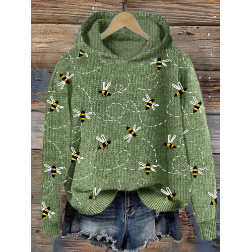 Flying Bees Embroidery Pattern Cozy Knit Hoodie