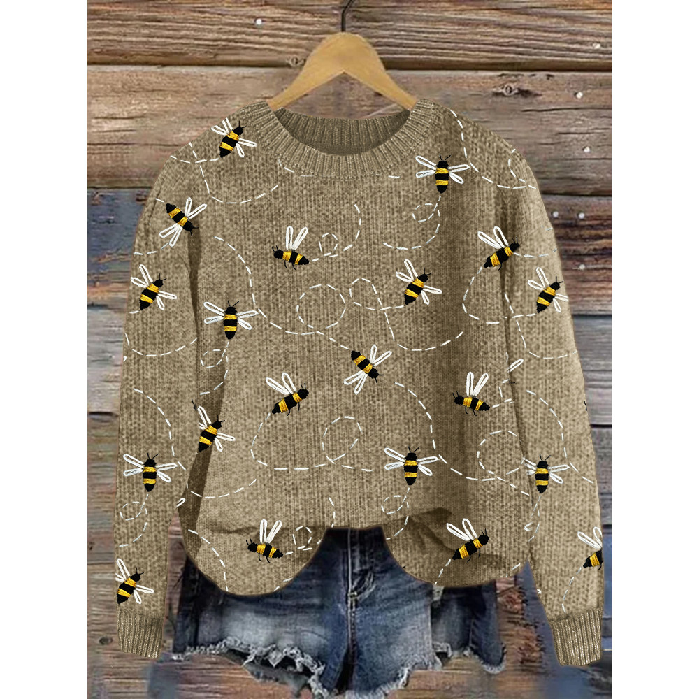 Flying Bees Embroidery Pattern Cozy Knit Sweater