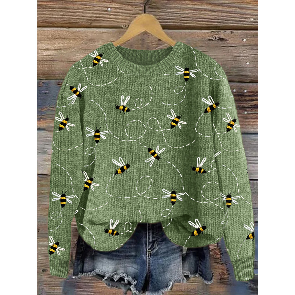 Flying Bees Embroidery Pattern Cozy Knit Sweater