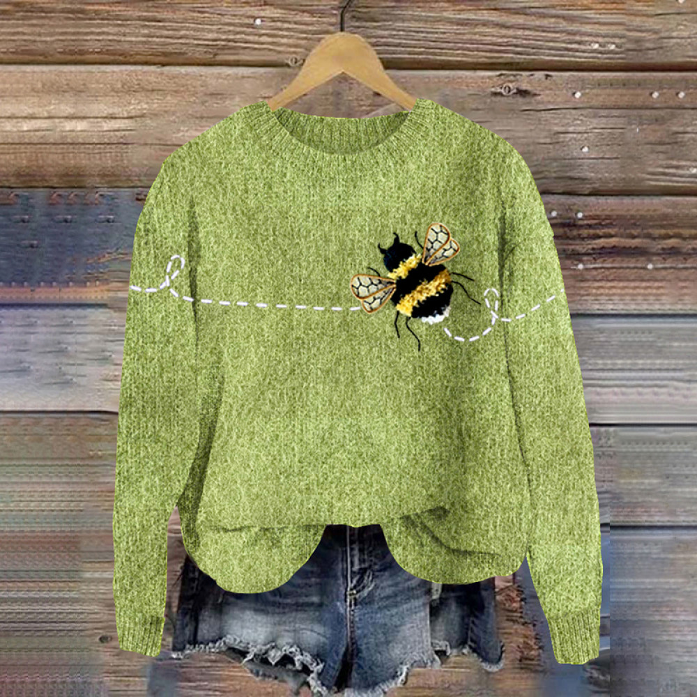 Flying Bees Wool Felt Art Graphics Cozy Knit Sweater