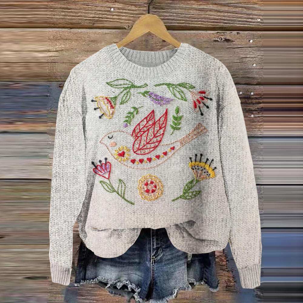 Folk Art Bird And Flowers Embroidery Pattern Knit Art Cozy Crew Neck Sweater