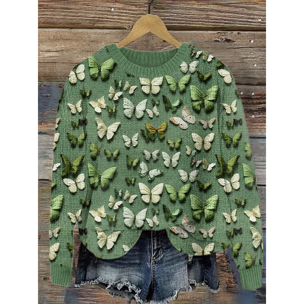 Forest Butterfly Embroidery Art Cozy Knit Sweater