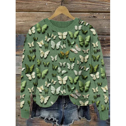 Forest Butterfly Embroidery Art Cozy Knit Sweater