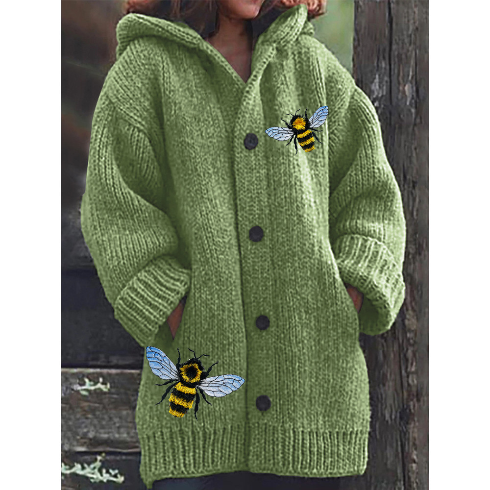 Fringed Bee Cute Honeybee Insect Embroidery Comfy Hooded Cardigan