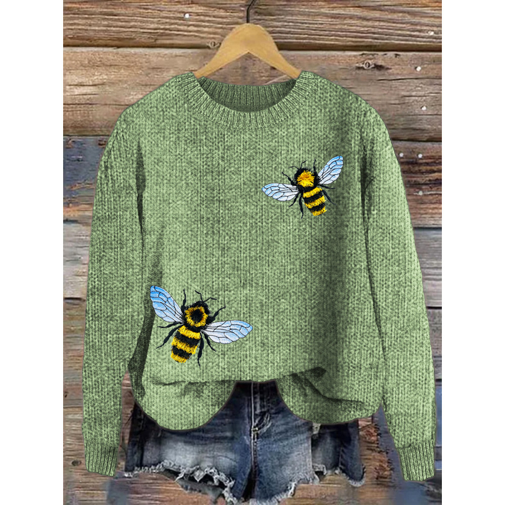 Fringed Bee Cute Honeybee Insect Embroidery Cozy Knit Sweater