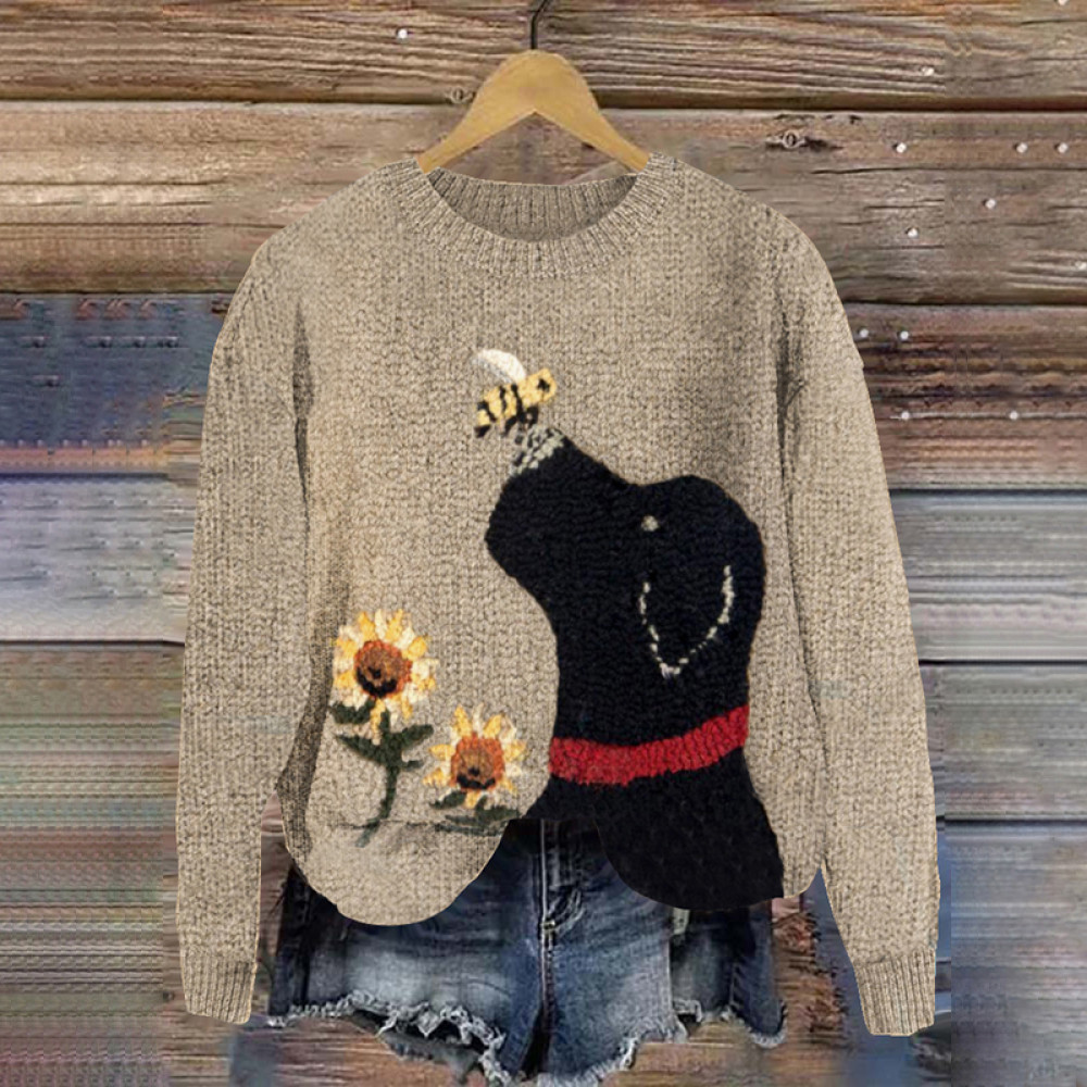Fun Flying Bee Kissing Dog Knit Art Cozy Crew Neck Sweater