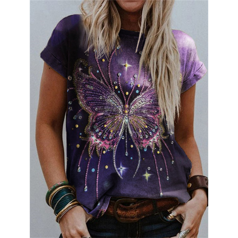 Glitter Butterfly Beaded Art Crew Neck T Shirt
