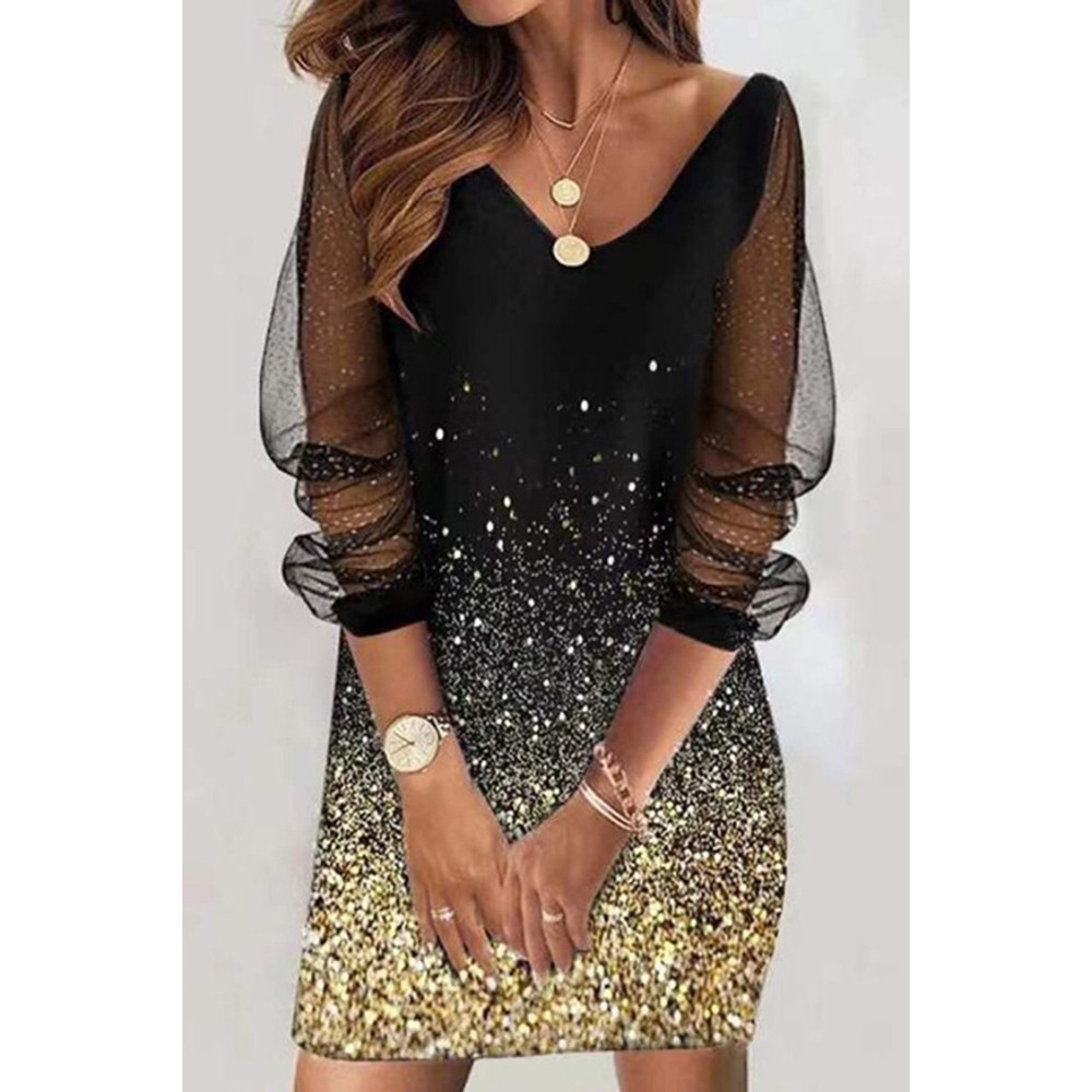 Glitter Print Long-Sleeve Mini Dress