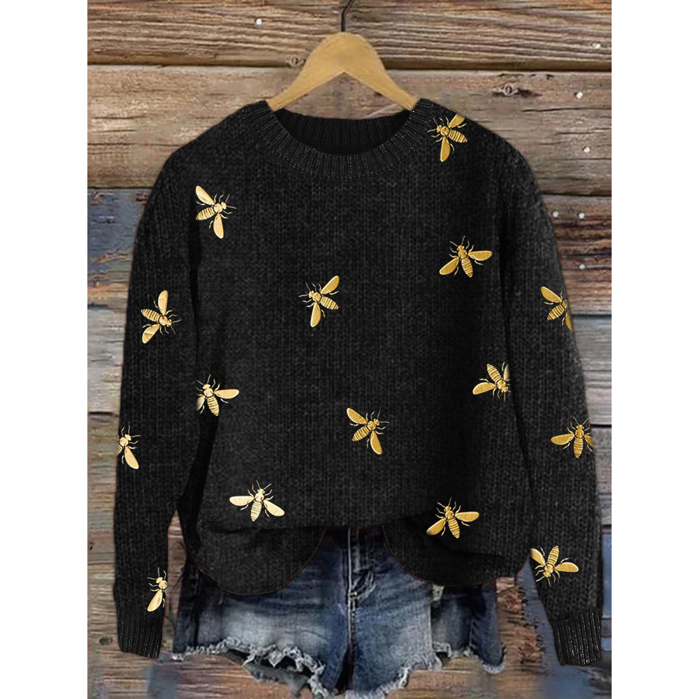 Golden Bees Pattern Cozy Knit Sweater
